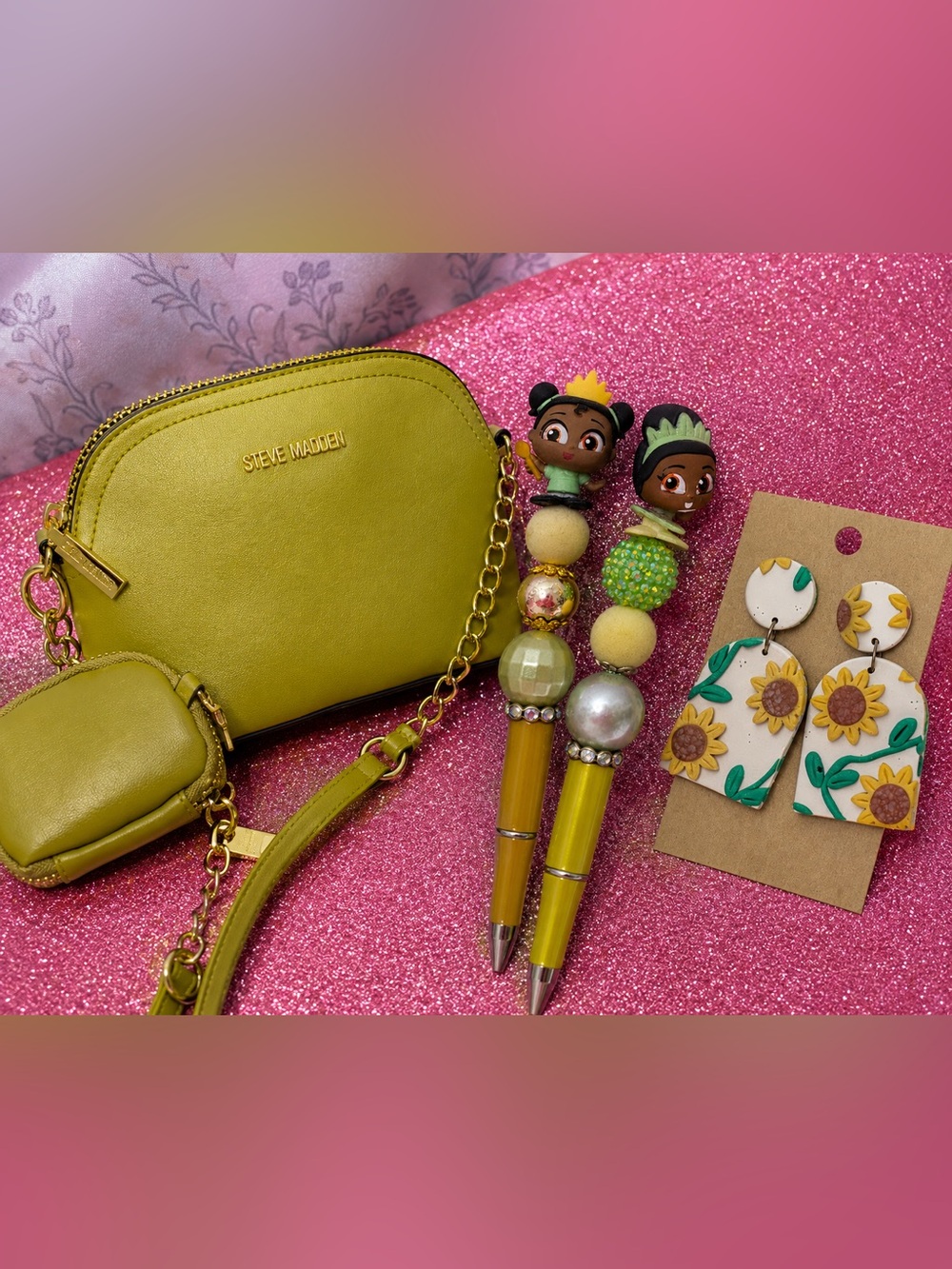 Steve Madden Lime Green Bag w/ Beaded Character Pens & Clay Earrings